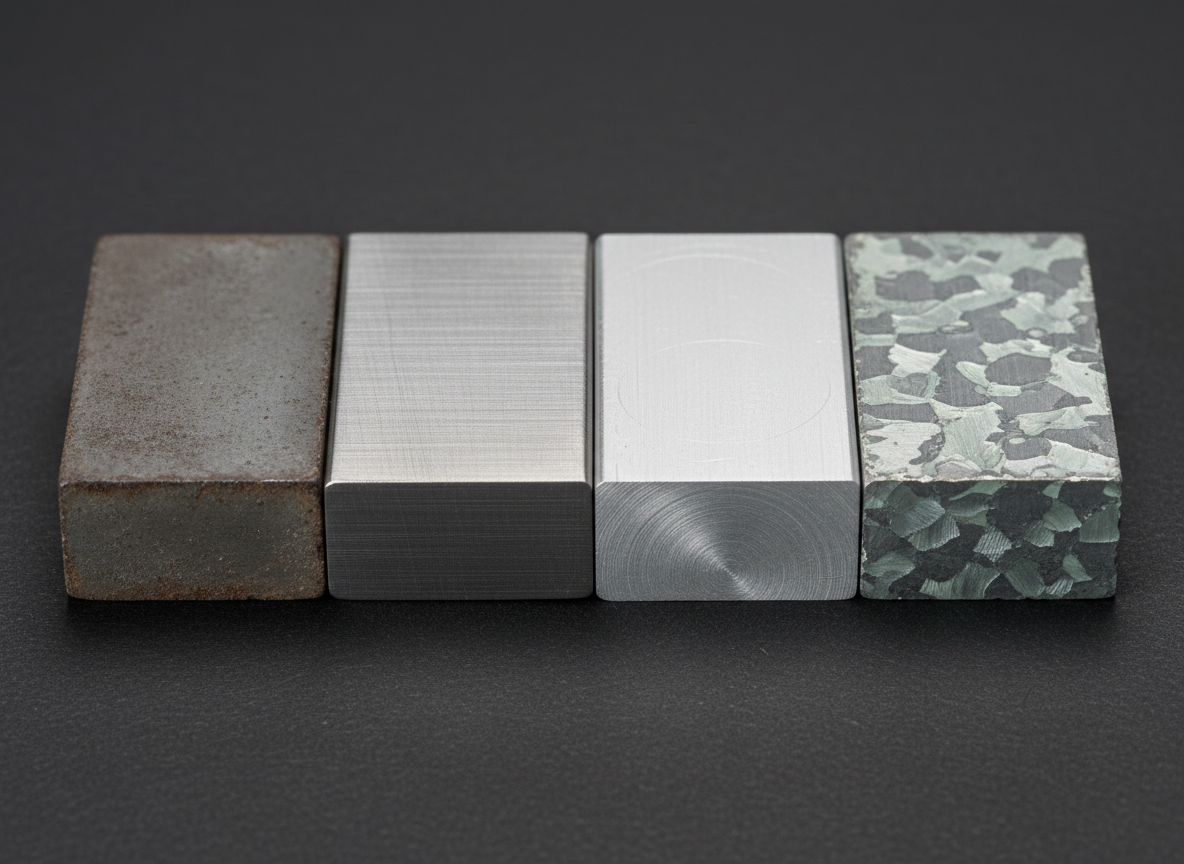 Different metal surface finishes side by side - mild steel, stainless steel, aluminum and galvanized coating samples
