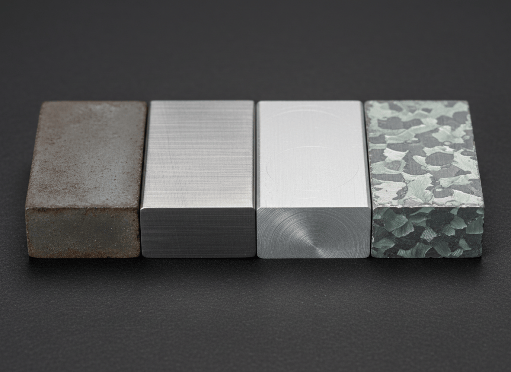 Different metal surface finishes side by side - mild steel, stainless steel, aluminum and galvanized coating samples