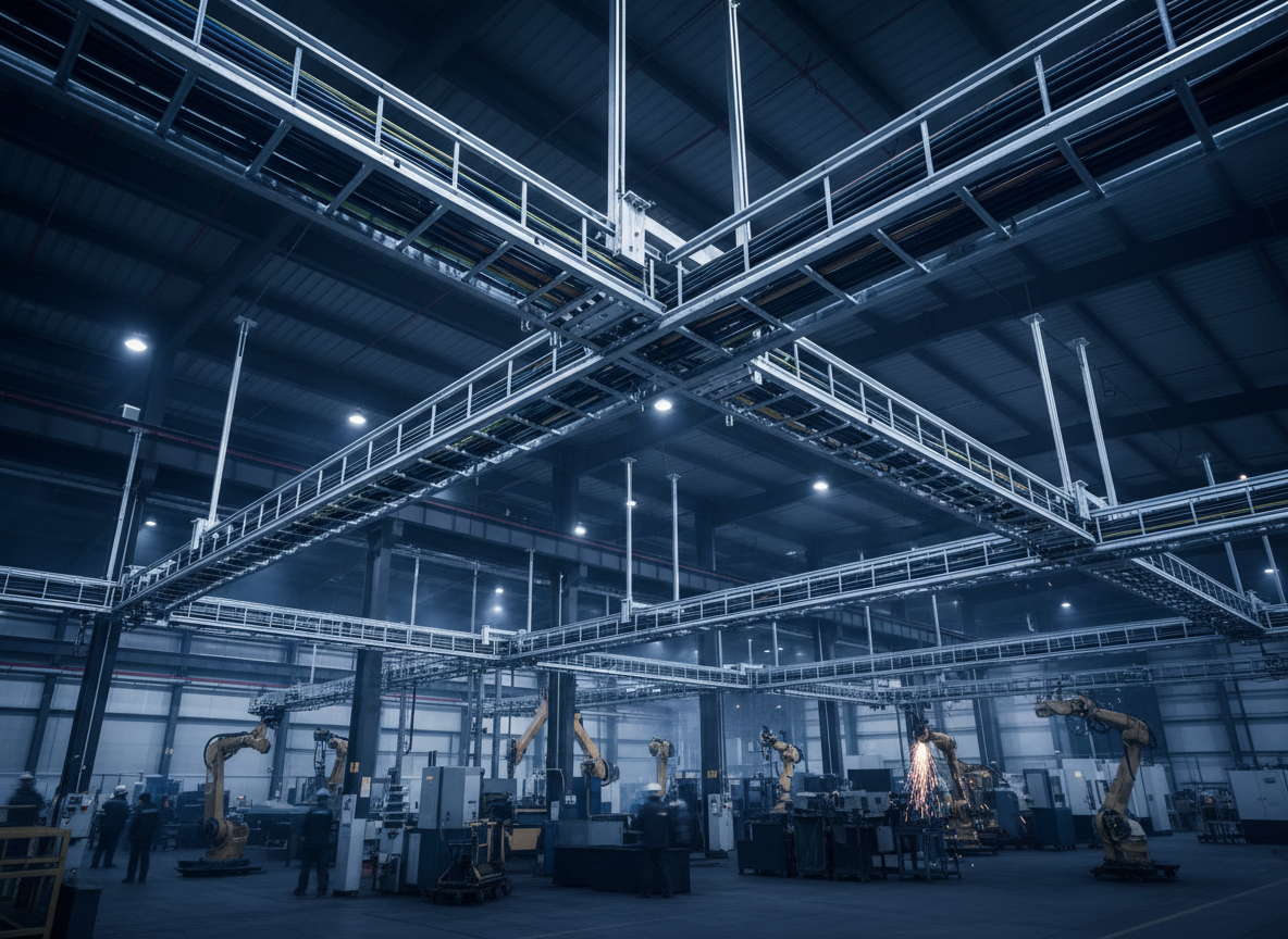 Industrial photograph of galvanized steel cable trays and ladder-type cable tray systems installed in a modern factory, dramatic dark navy lighting