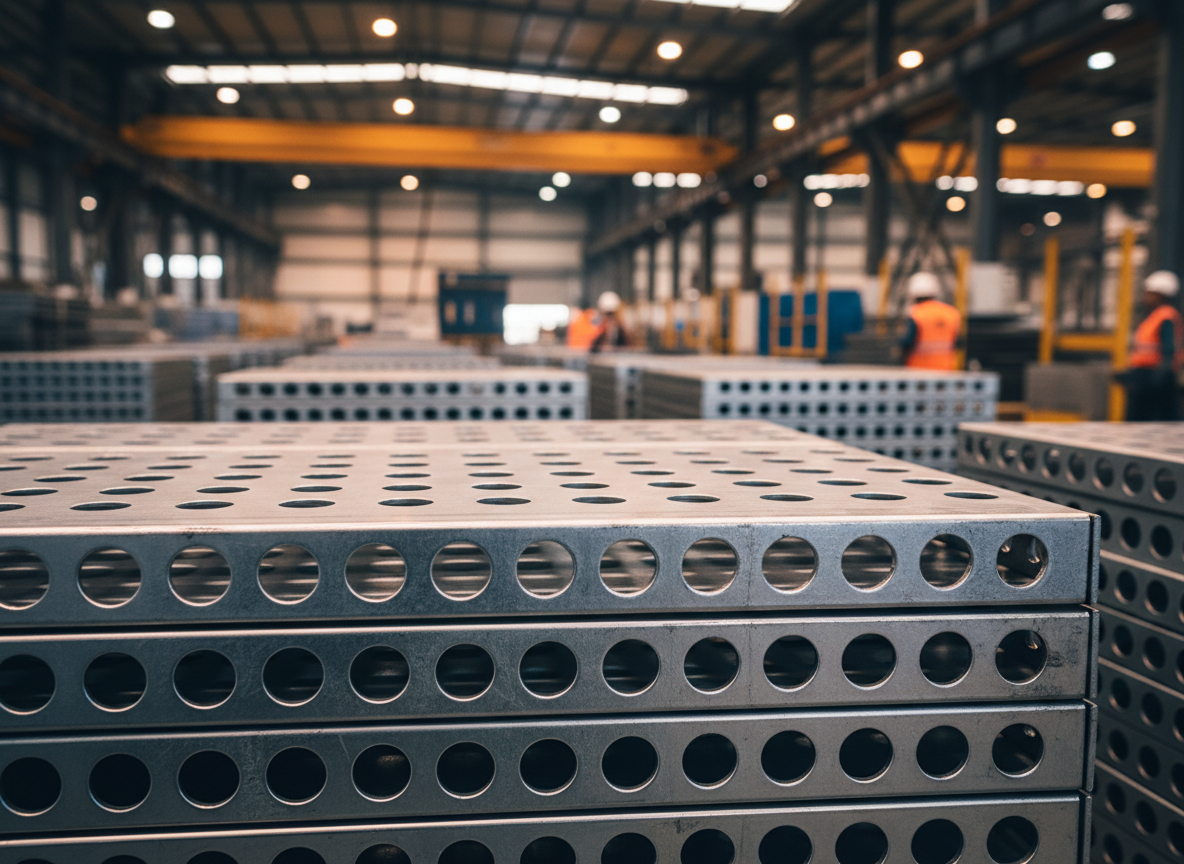 Perforated steel cable trays neatly stacked in a manufacturing warehouse showing precision metalwork