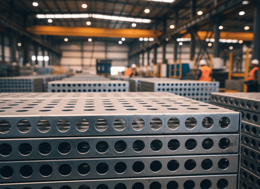 Perforated steel cable trays neatly stacked in a manufacturing warehouse showing precision metalwork