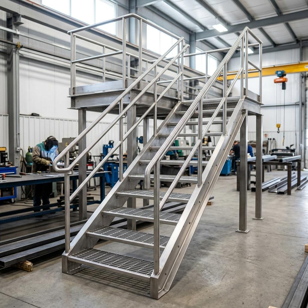 Steel staircase fabrication in workshop